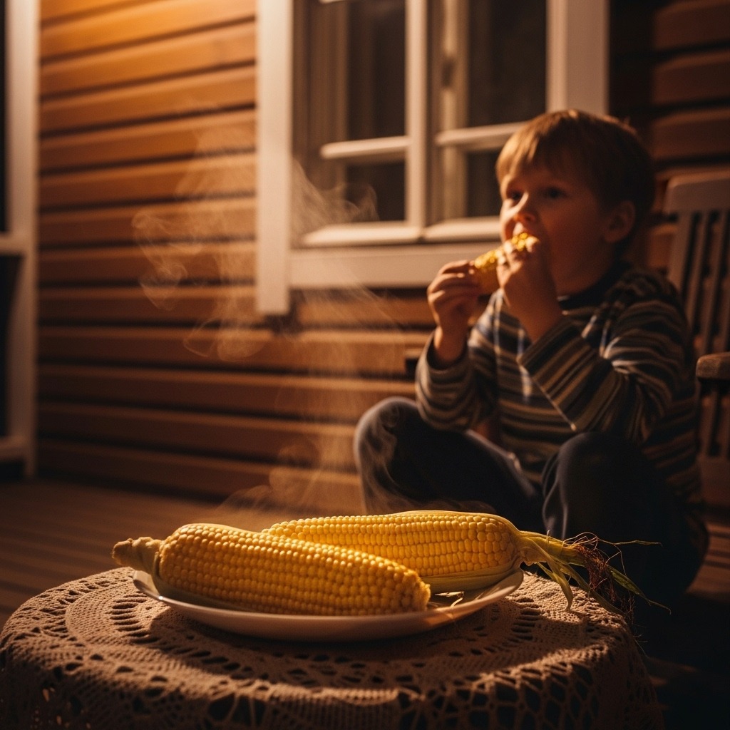 김이 나는 찐 옥수수를 들고 웃고 있는 아이