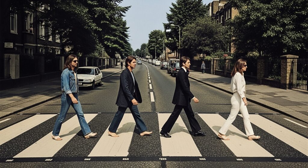 비틀즈 앨범 커버처럼 횡단보도를 건너는 사람들