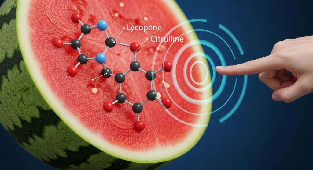 수박의 영양 성분과 소리의 원리를 보여주는 과학 일러스트