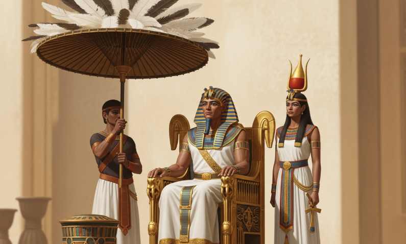 시종이 씌워주는 파라솔 아래 앉아 있는 고대 이집트 파라오
