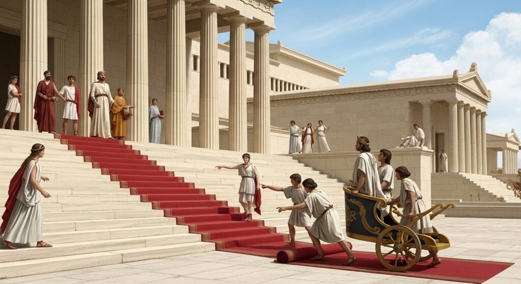 아가멤논 왕을 위해 진홍색 카펫을 까는 고대 그리스 장면