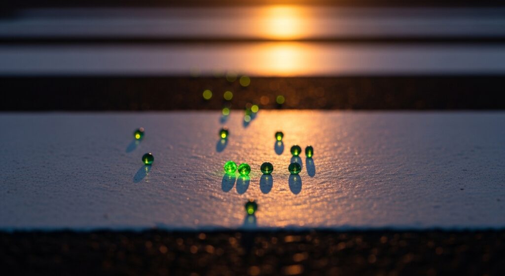 자동차 불빛에 반사되어 빛나는 횡단보도 페인트 표면