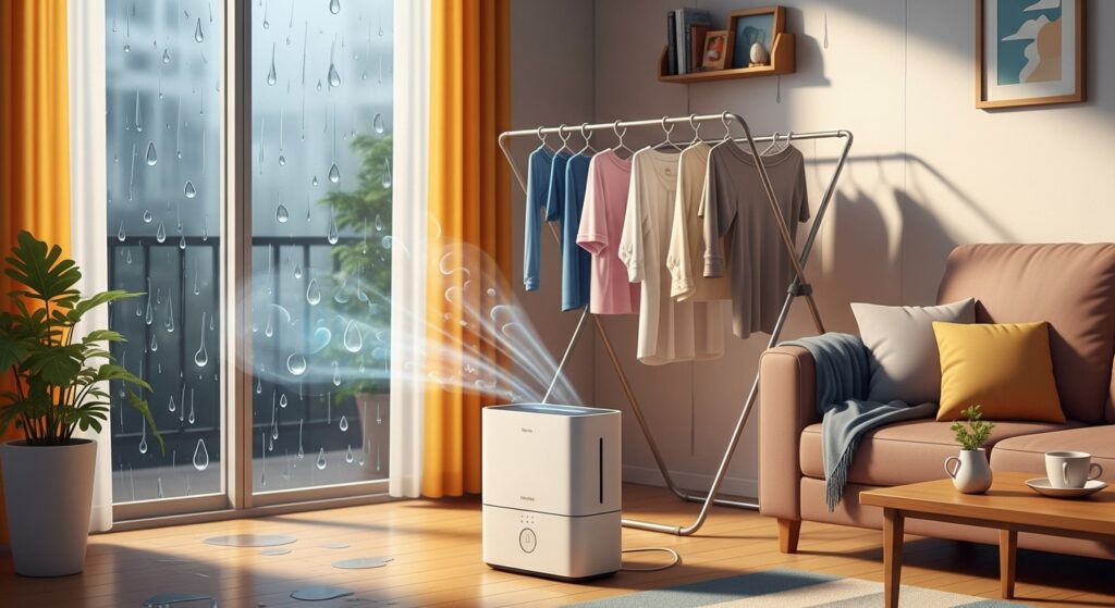 비 오는 날, 제습기가 가동 중인 쾌적한 거실