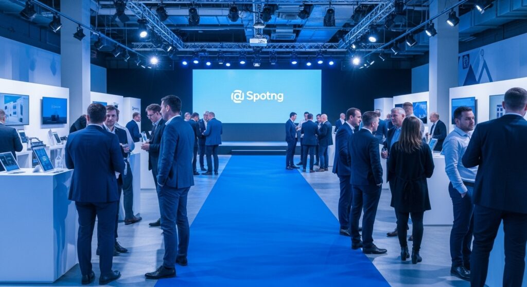 첨단 기술 기업의 론칭 행사에 깔린 파란색 블루카펫