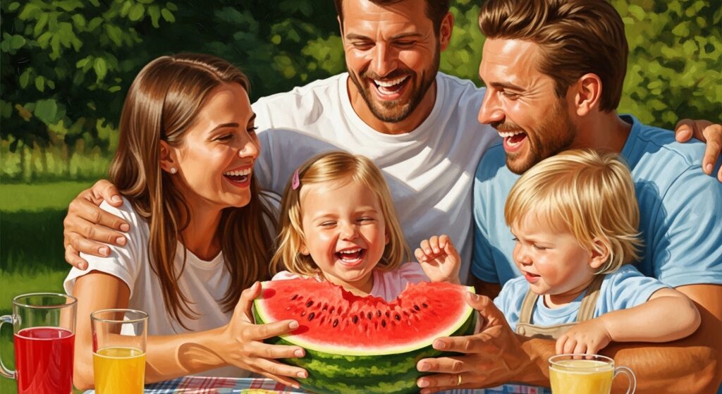 평상에 둘러앉아 수박을 먹는 가족의 행복한 모습
