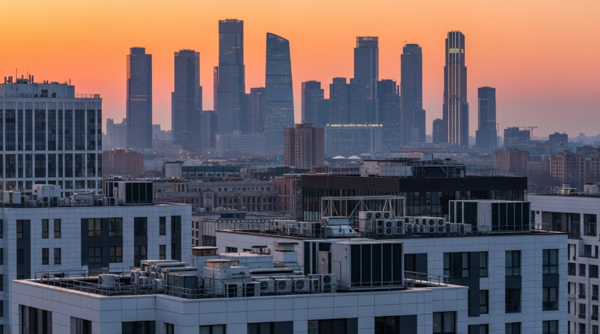 해 질 녘 도시 빌딩 숲에 설치된 에어컨 실외기들