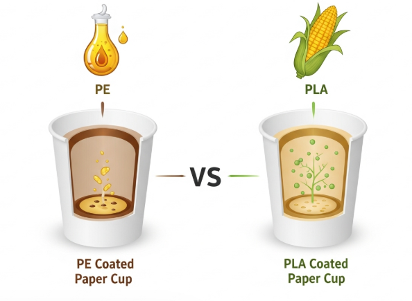 PE 코팅과 PLA 코팅 종이컵의 차이점을 보여주는 인포그래픽