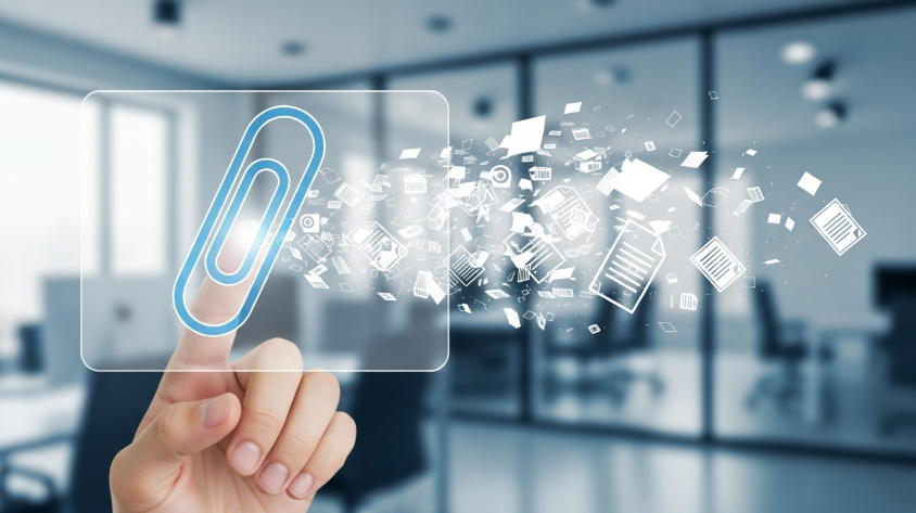 디지털 스크린 위 아날로그 페이퍼 클립 아이콘을 터치하는 손