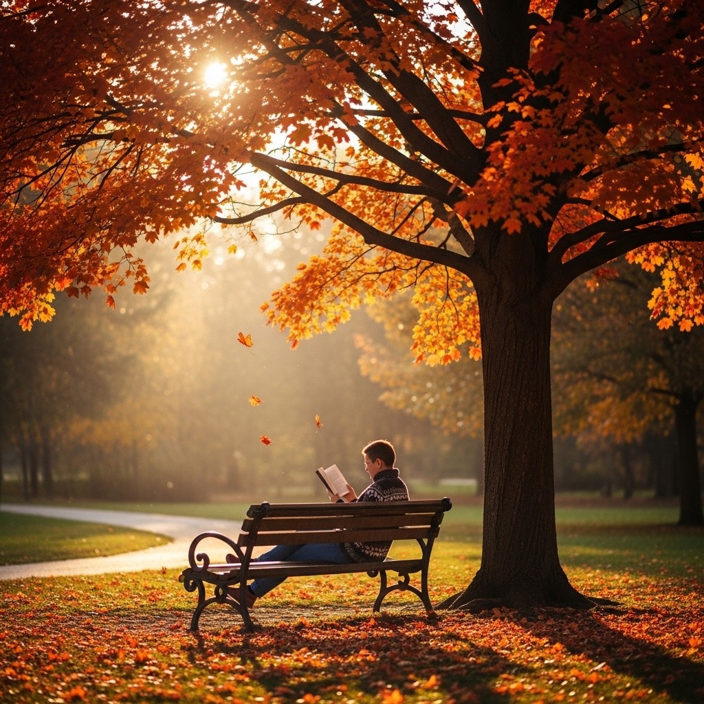가을 햇살 아래 공원 벤치에 앉아 책을 읽는 사람