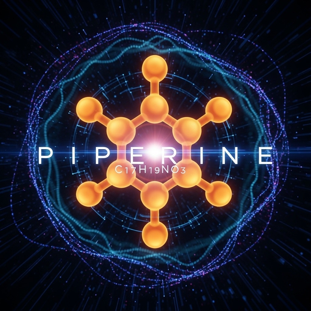 검은 배경에서 빛나는 후추의 피페린 분자구조 일러스트