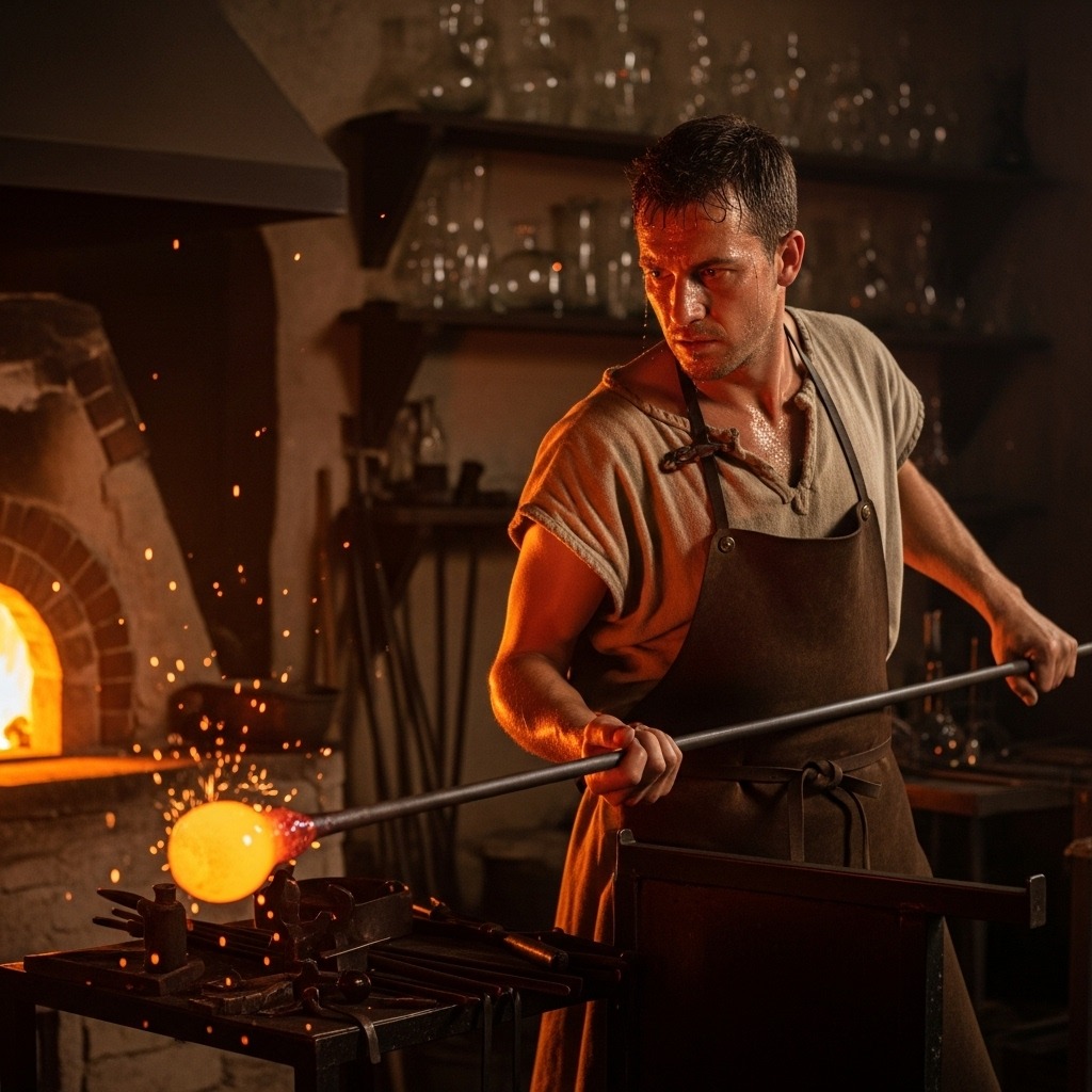 고대 로마의 유리 공방에서 대롱 불기로 유리를 만드는 장인