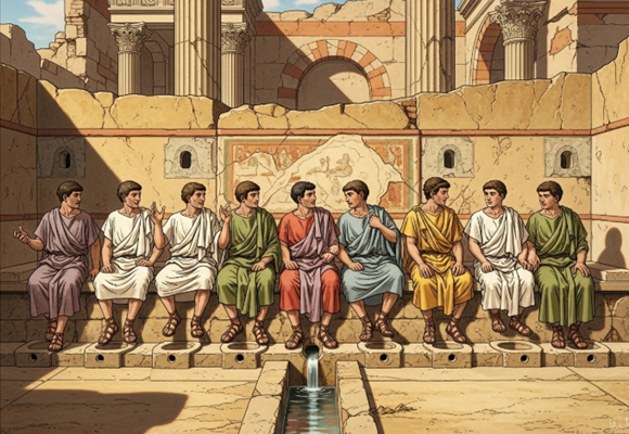 고대 로마인들이 공중화장실에 나란히 앉아 대화하는 일러스트