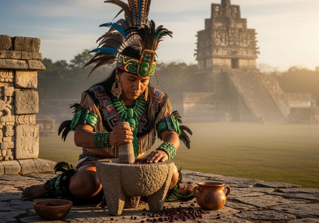 고대 마야인이 카카오 원두를 가는 모습