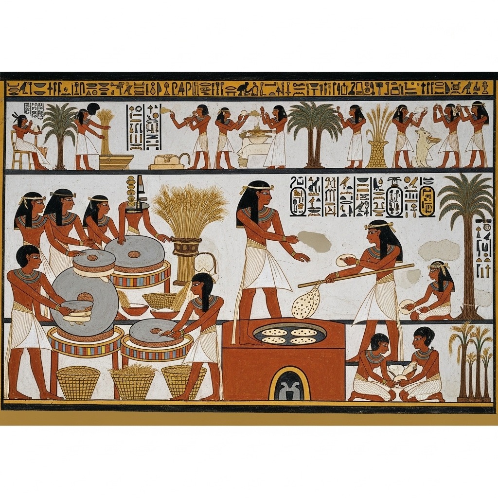 고대 이집트인들이 맷돌로 밀을 가는 벽화