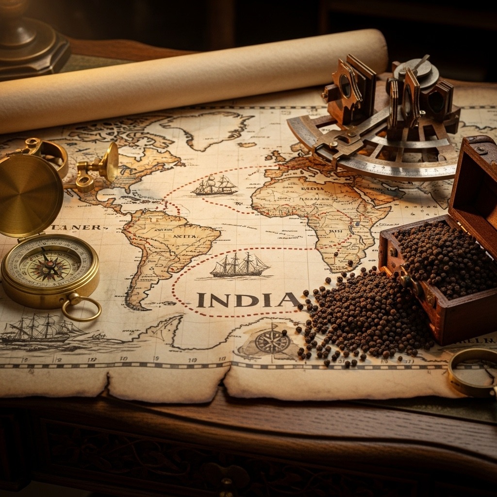 고지도 위에 놓인 나침반과 보석처럼 빛나는 후추 열매들