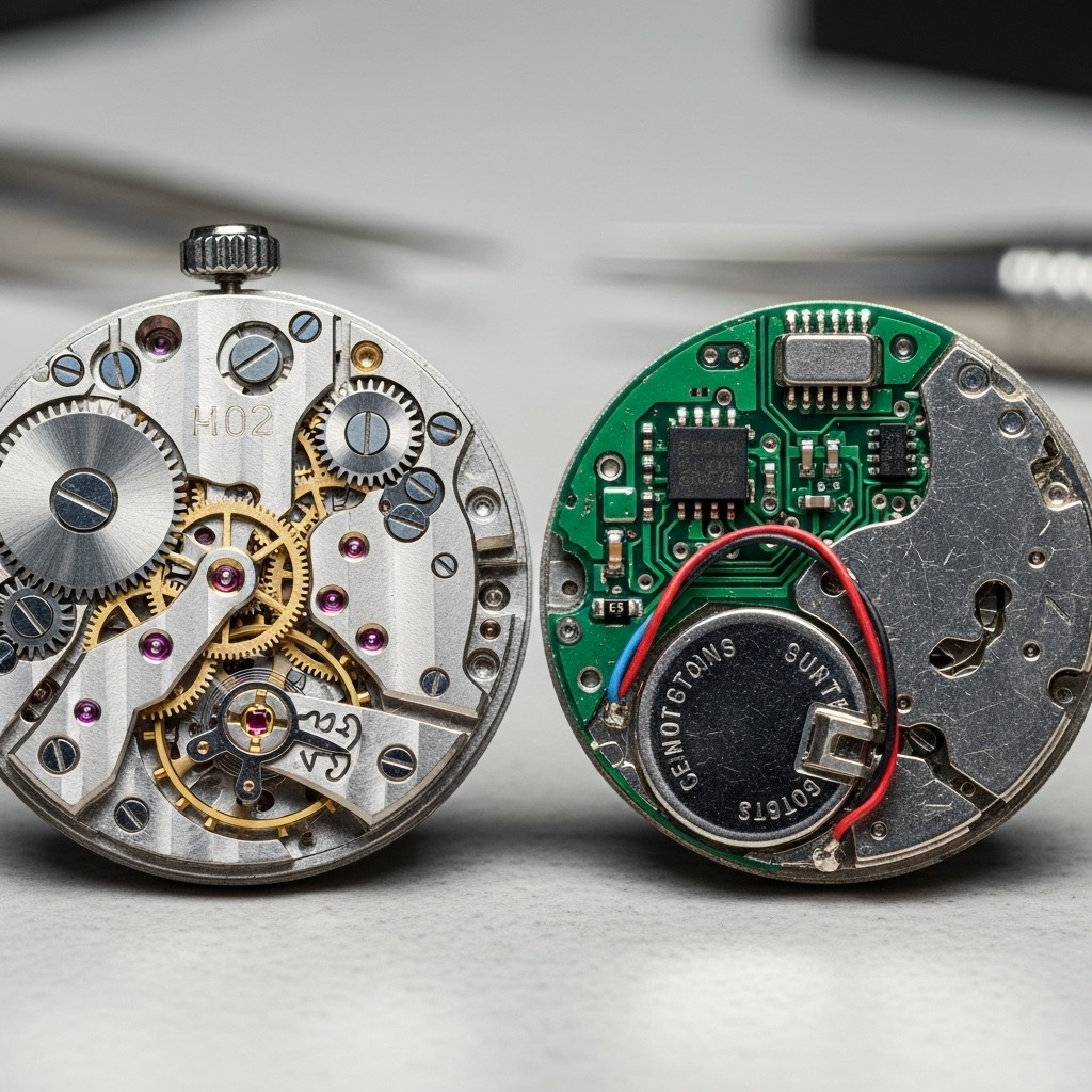 기계식 시계의 톱니바퀴와 쿼츠 시계의 전자회로