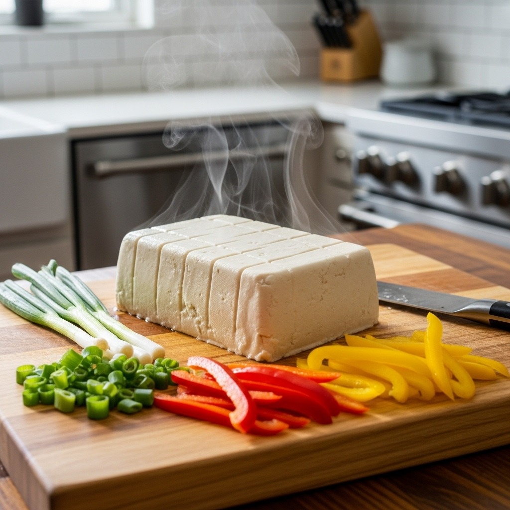 김이 나는 따끈한 두부 한 모와 신선한 채소