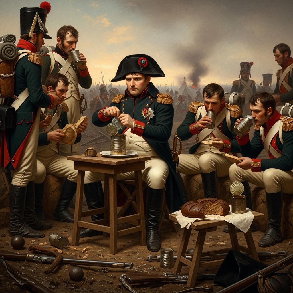 나폴레옹과 군인들이 병조림으로 식사하는 그림