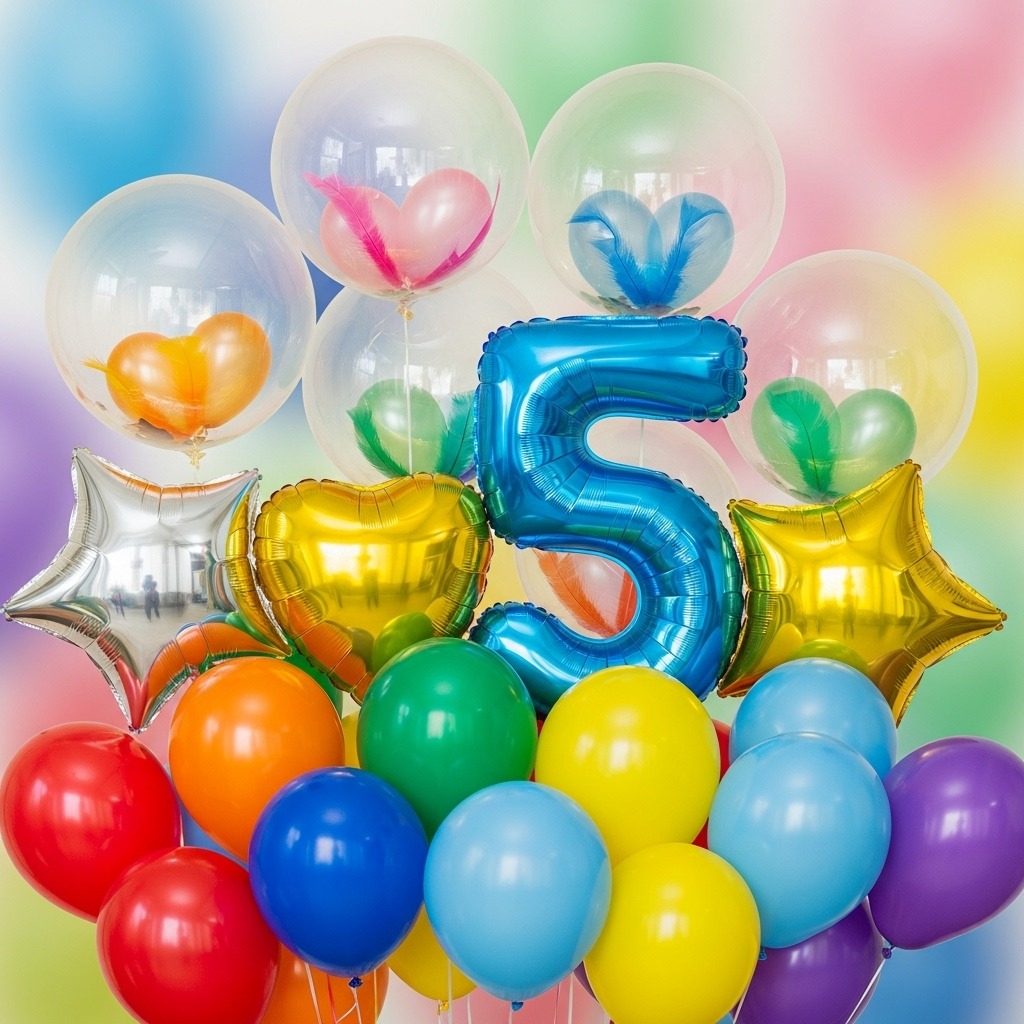 다양한 종류와 모양의 라텍스, 포일, 버블 풍선들