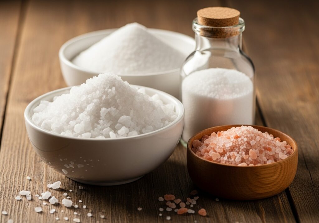 다양한 종류의 소금이 여러 그릇에 담겨 있는 모습