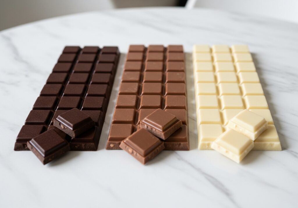 다크, 밀크, 화이트 초콜릿이 나란히 놓인 모습