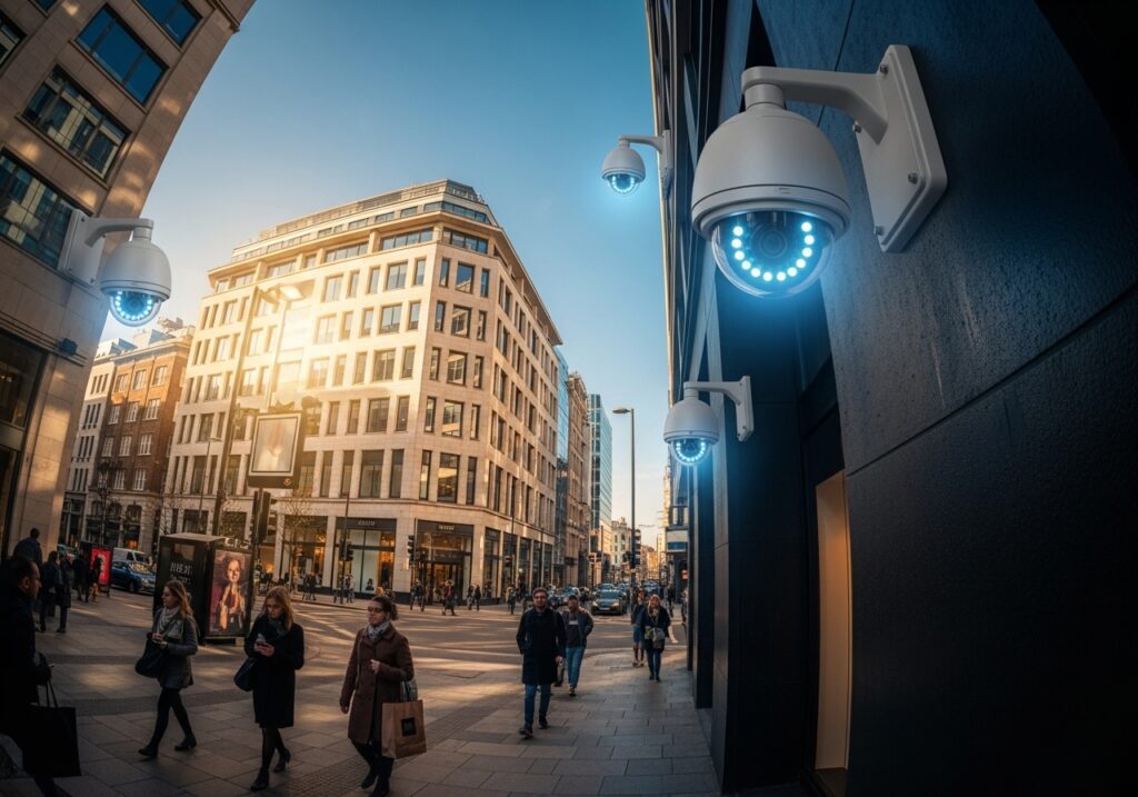 도시의 건물 모퉁이에 설치된 여러 대의 CCTV 카메라