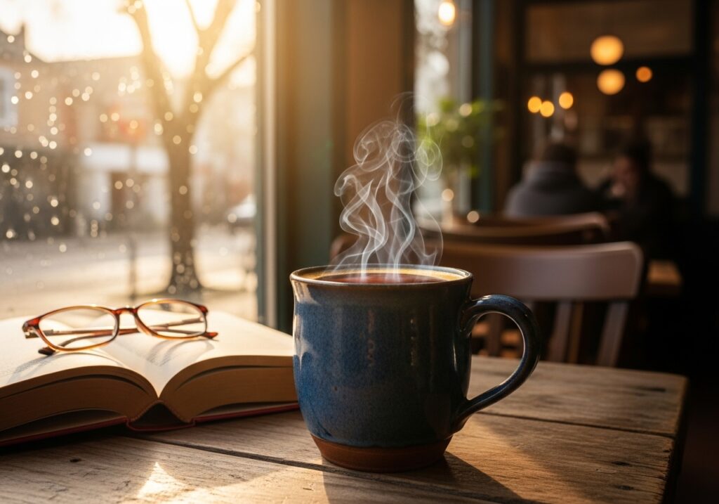 따뜻한 김이 피어오르는 커피 머그컵