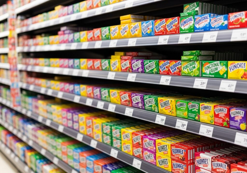 마트 선반에 깔끔하게 진열된 여러 종류의 다채로운 껌들