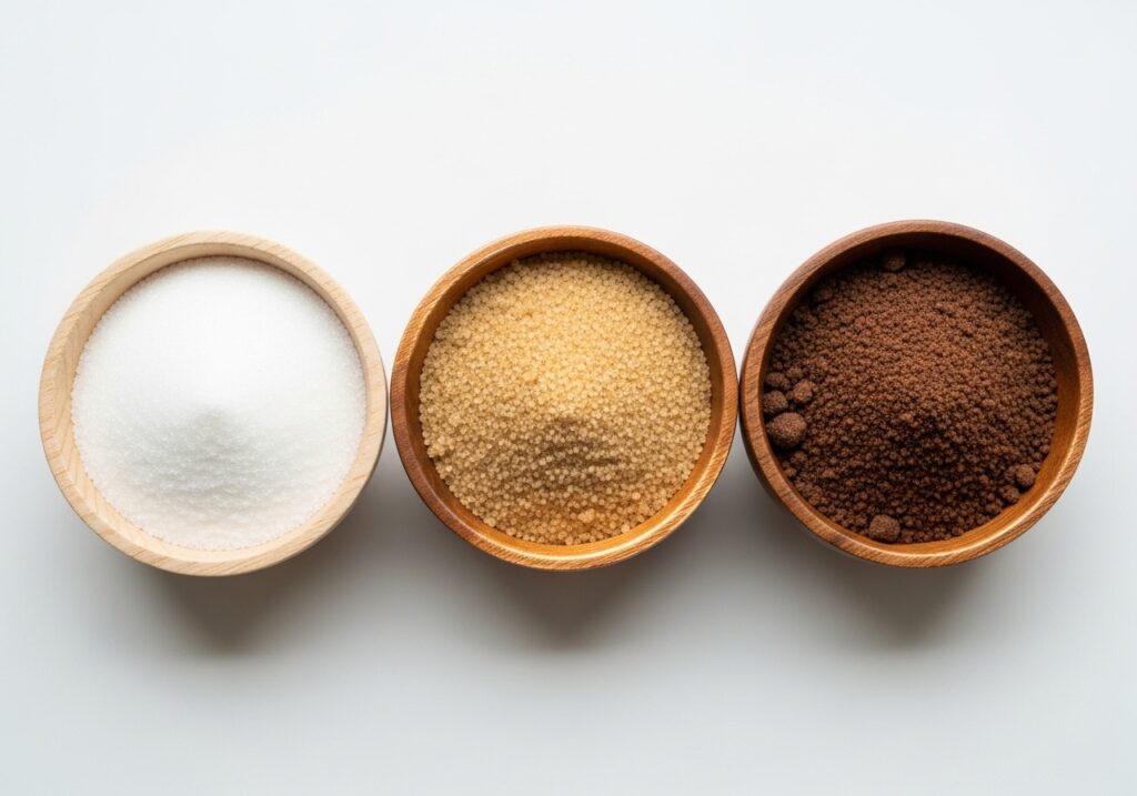 백설탕, 황설탕, 흑설탕을 나란히 놓고 비교하는 사진