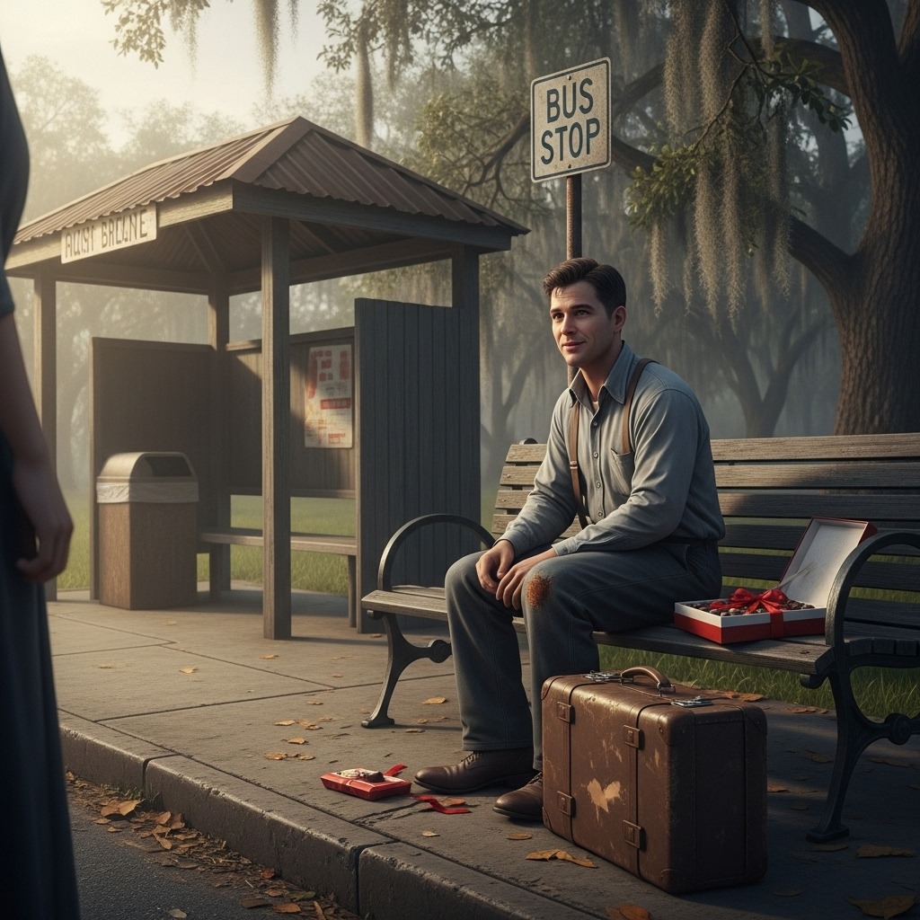 버스 정류장 벤치에 앉은 포레스트 검프
