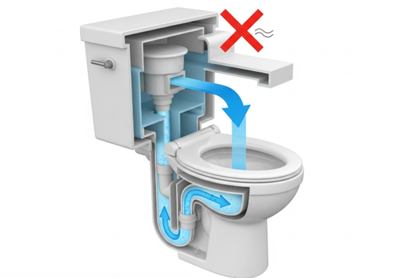 변기 S-트랩의 작동 원리를 보여주는 깔끔한 3D 단면도