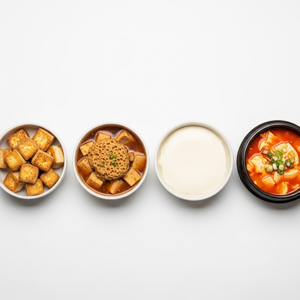 부침용, 찌개용, 순두부, 연두부 네 종류의 질감 비교 사진