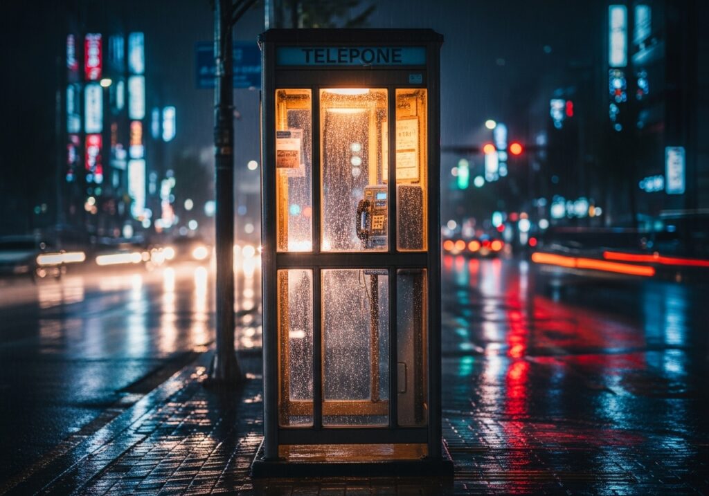 비 내리는 밤, 홀로 불 켜진 공중전화 부스의 모습