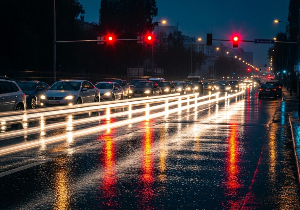 비 오는 밤 교차로의 빨간 신호등