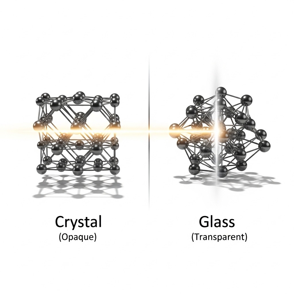 빛을 통과시키는 유리의 비정질 원자 구조와 빛을 막는 결정 구조 비교