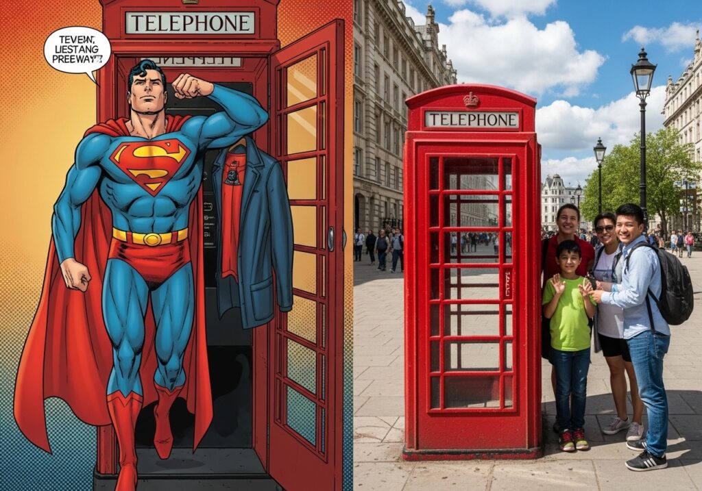 슈퍼맨이 나오는 만화와 런던의 빨간 전화 부스를 대비한 이미지