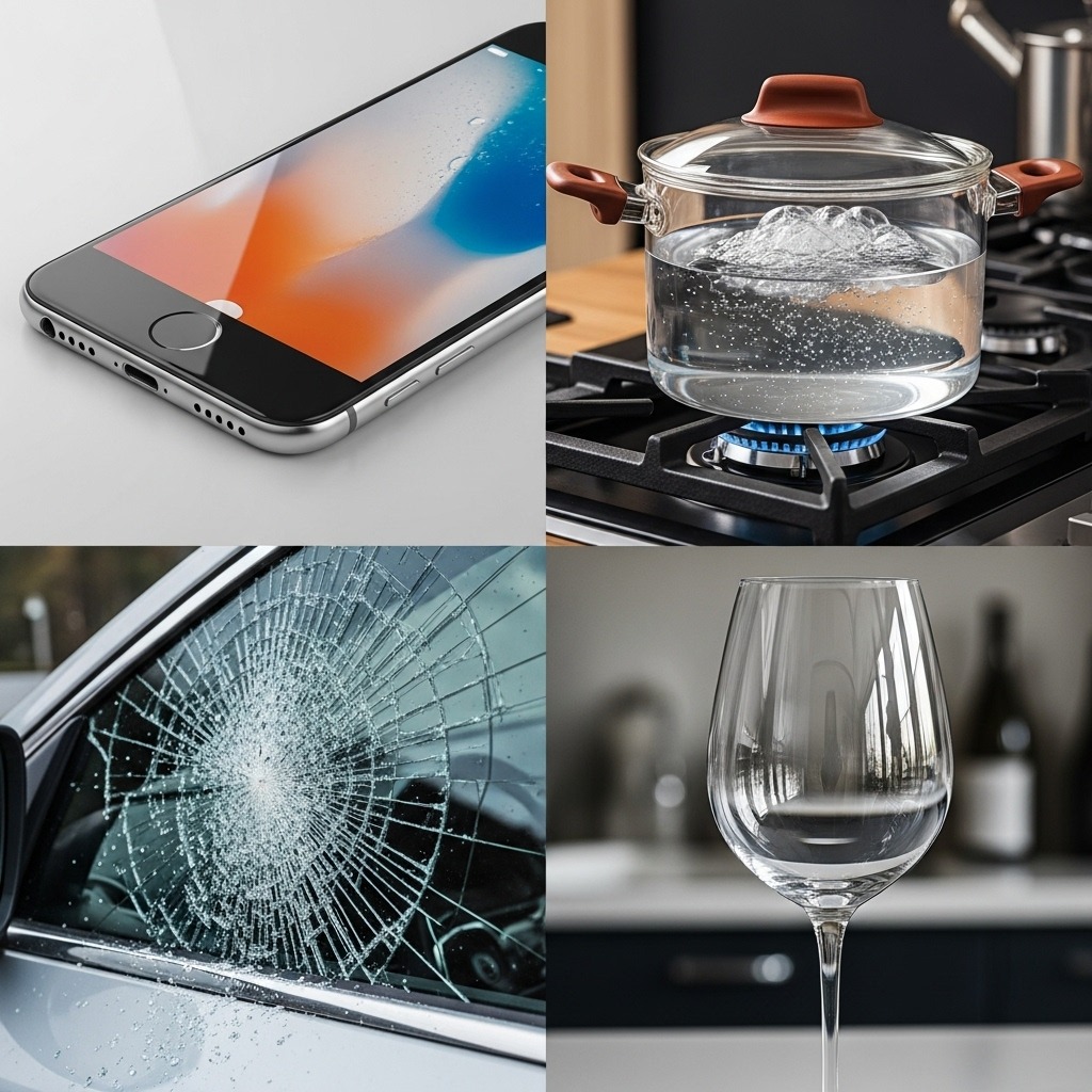 스마트폰, 내열냄비, 깨진 자동차유리, 크리스털 와인잔으로 구성된 유리의 종류