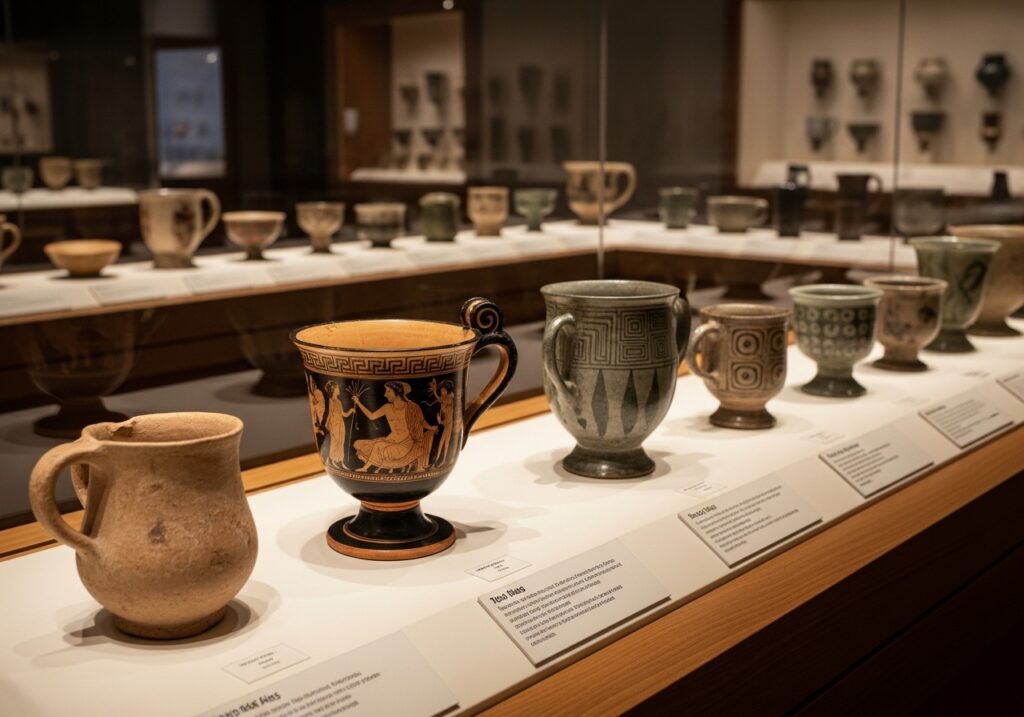 시대별 고대 머그컵 유물 전시 모습