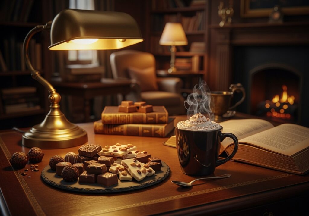 아늑한 서재 책상 위에 놓인 초콜릿과 핫초코