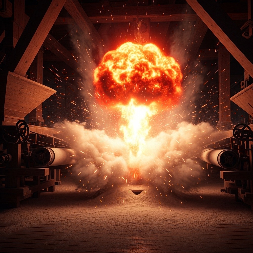 어두운 공장 안에서 일어나는 밀가루 분진 폭발