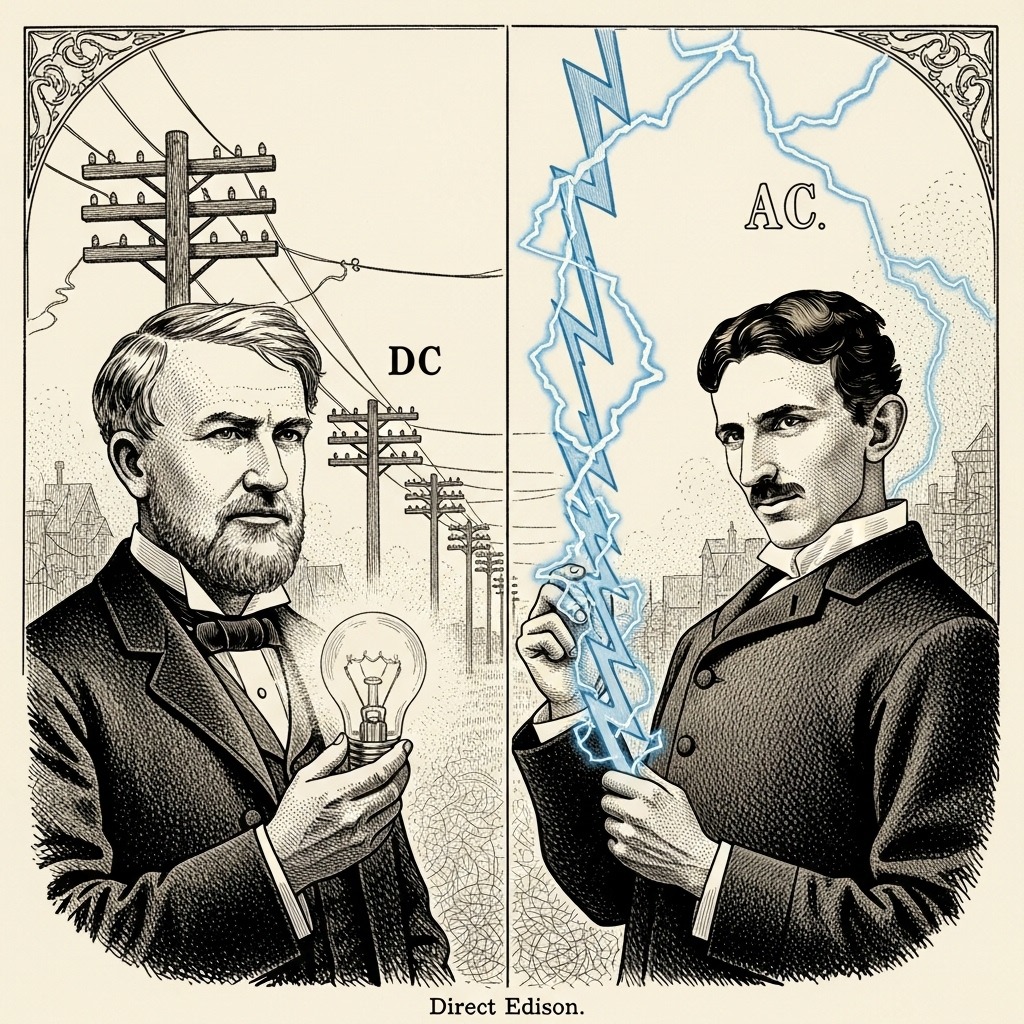에디슨과 테슬라의 전류 전쟁을 묘사한 역사 일러스트
