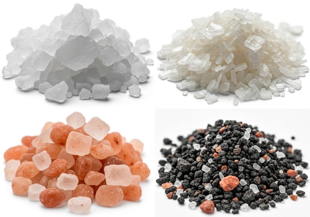 여러 종류의 소금 결정을 확대한 비교 사진