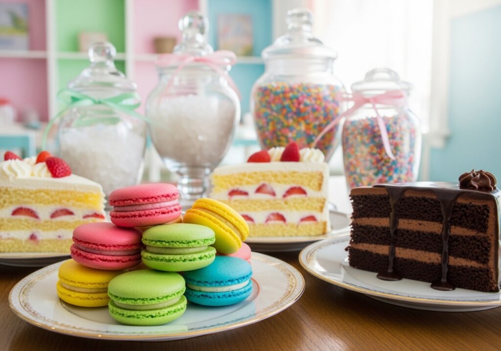 예쁜 디저트와 설탕이 가득 담긴 병들