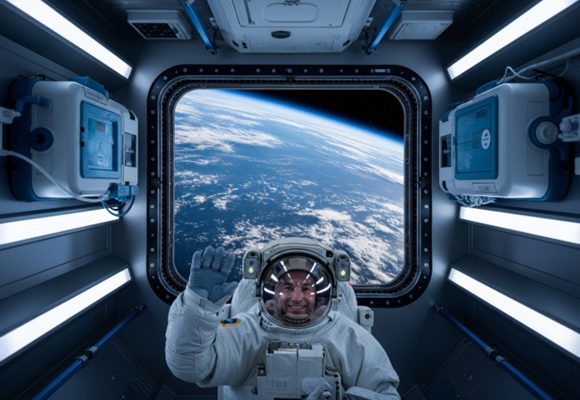 우주정거장 창밖으로 지구가 보이는 최첨단 우주 화장실