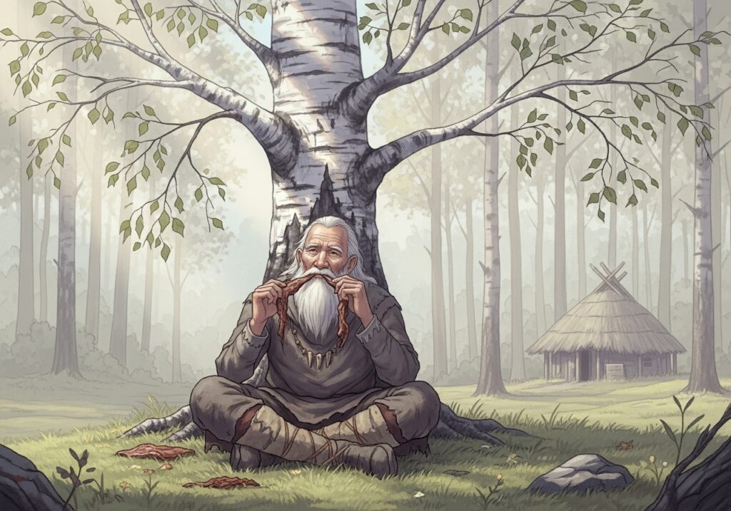 자작나무 아래에서 무언가를 씹으며 생각에 잠긴 고대인의 모습