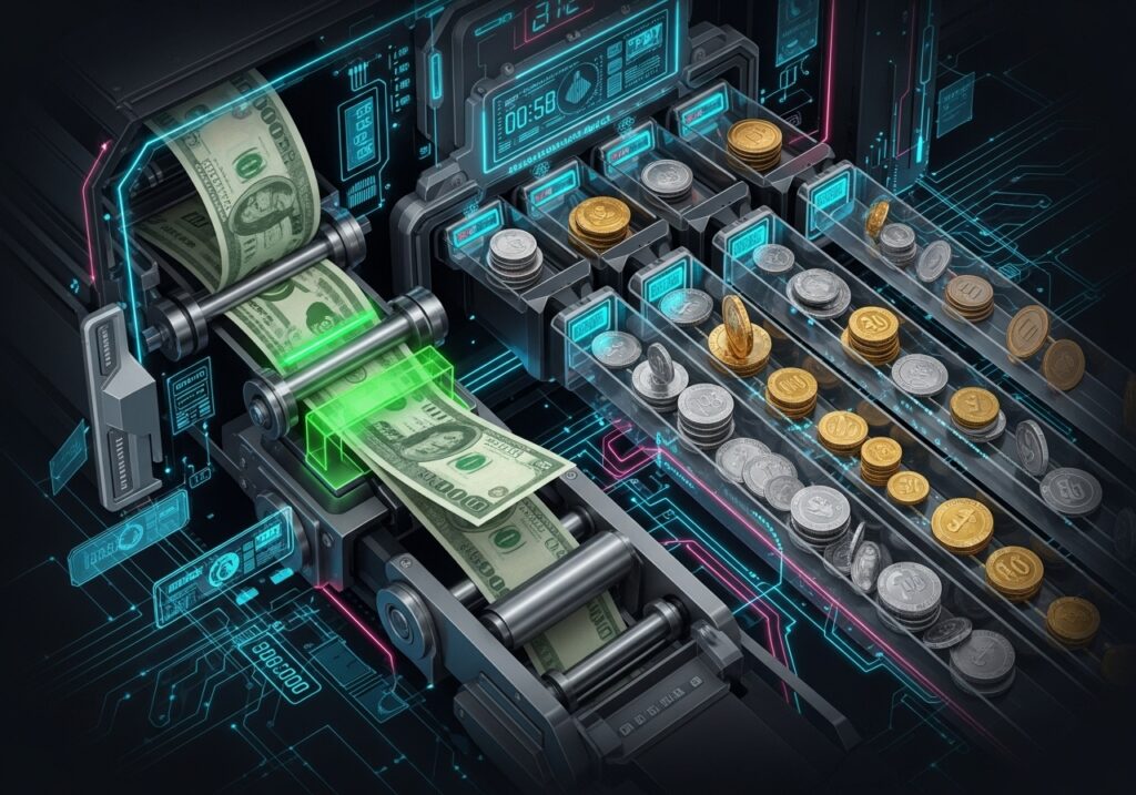 자판기 내부의 동전 및 지폐 인식 장치 인포그래픽