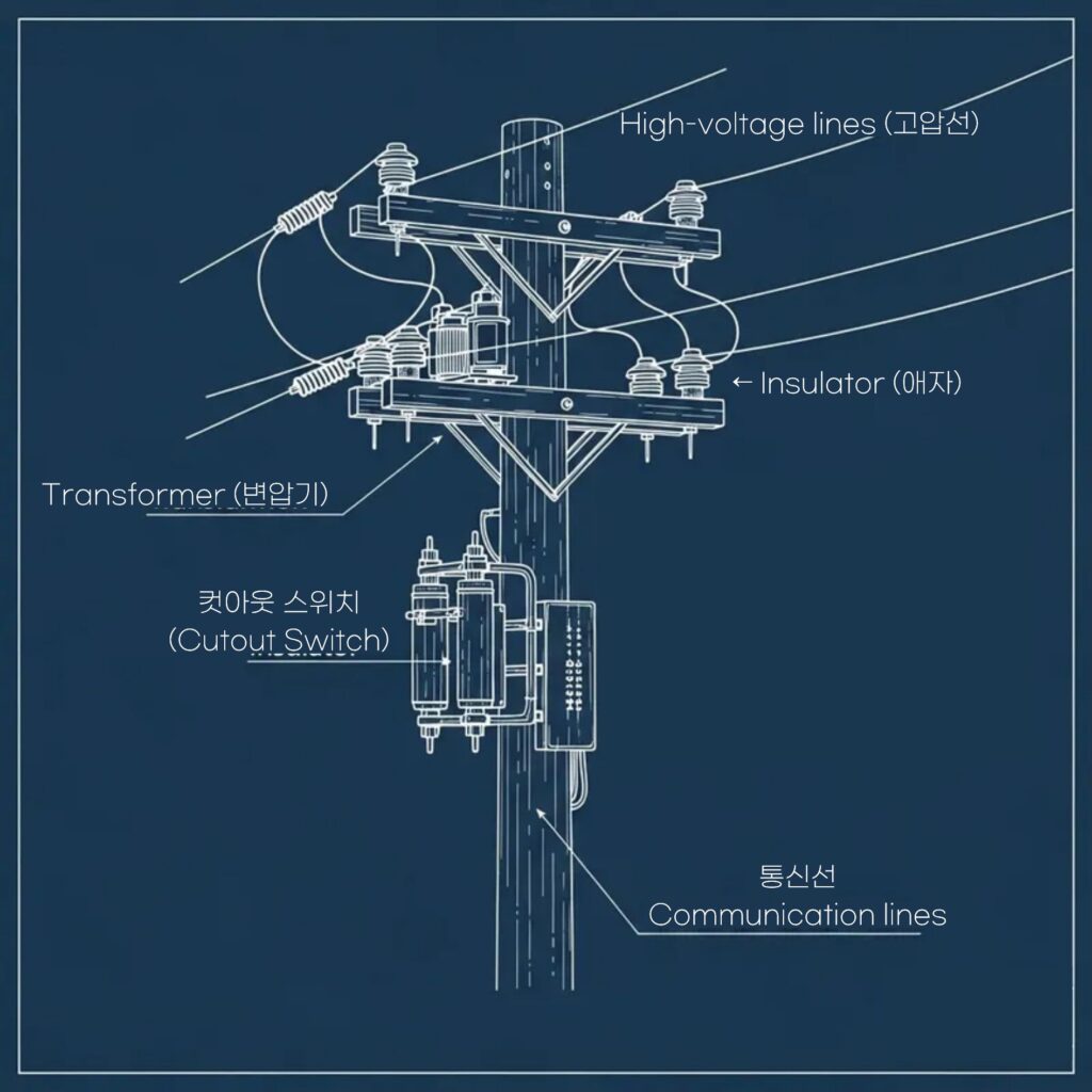 전봇대의 주요 부품과 기능을 설명하는 인포그래픽