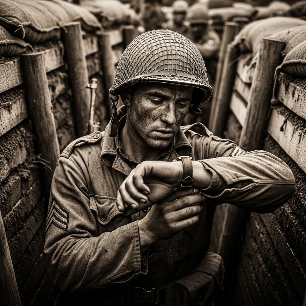 전쟁터에서 손목시계를 확인하는 1920년대 군인