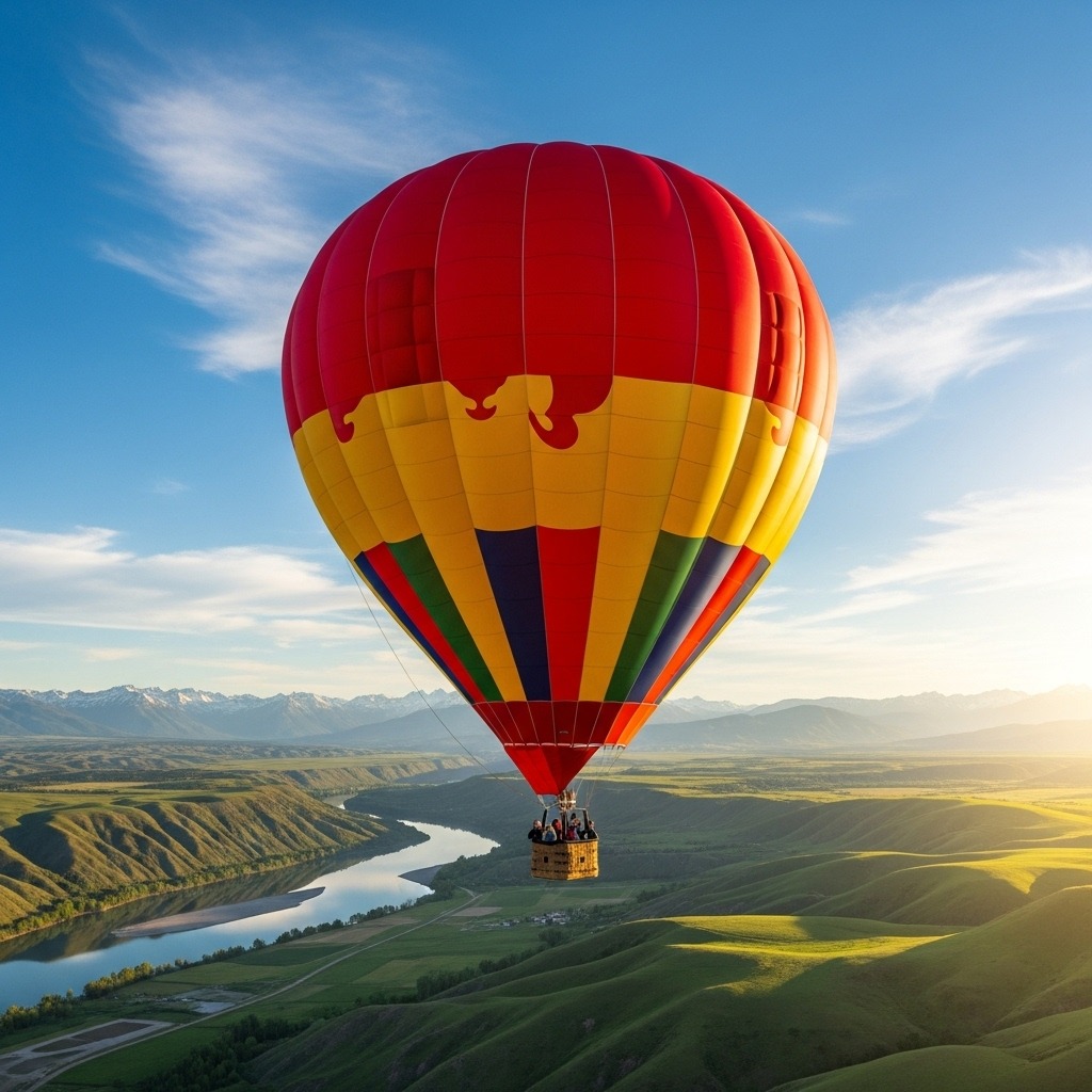 푸른 하늘 위를 평화롭게 비행하는 거대한 열기구