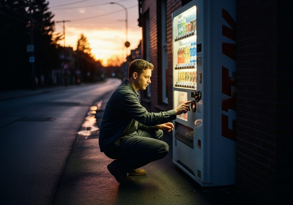 해질녘, 음료 자판기 앞에 서 있는 사람의 뒷모습
